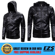 Jaket Kulit Hoodie Lelaki Men Hooded Leather Jacket Murah Terkini Viral Sweater Kulit Jacket Rider Pakaian Lelaki Wear