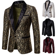 Men Blazer Jacquard Single Button Autumn Winter Pockets Lapel Suit Coat for Wedding