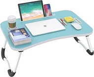 BUYIFY Folding Lap Desk, 23.6 Inch Portable Wood Blue Laptop Bed Desk Lap Desk with Cup Holder, for