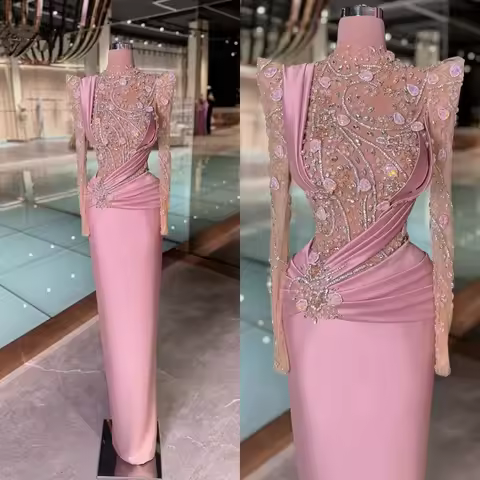 Glamorous Evening Dresses Rhinestone Beaded Prom Dress See Through High Neck Appliques Mermaid Party