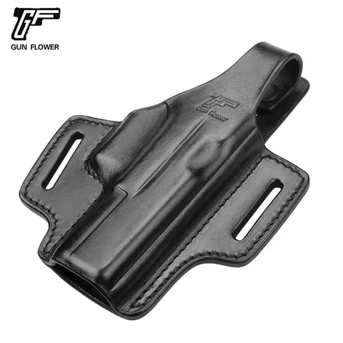 Only For Glock 17/22/31 ,Gun&Flower 2 Slot Thumb release Full Grain Leather Open Muzzle Gun Pouch,Ri
