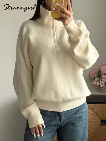 Women Quarter Zip Sweater Brown Turtleneck Winter Knitted Jumpers Warm Pullovers Fall Thick Beige Sw
