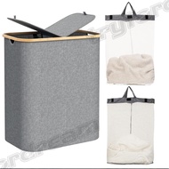 90L Foldable Waterproof Laundry Basket Gray 57×37×70cm, Lidded Clothes Storage Bin with Handle, Dual