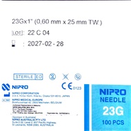 NIPRO STERILE MEDICAL NEEDLE 23G X 1 INCH 25MM 100'S  (14 BOXES + 1 BOX FOC) EXPIRY 2028