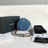 🌷配件齊全！Chanel 香奈兒 金球圓餅包 牛仔藍金扣