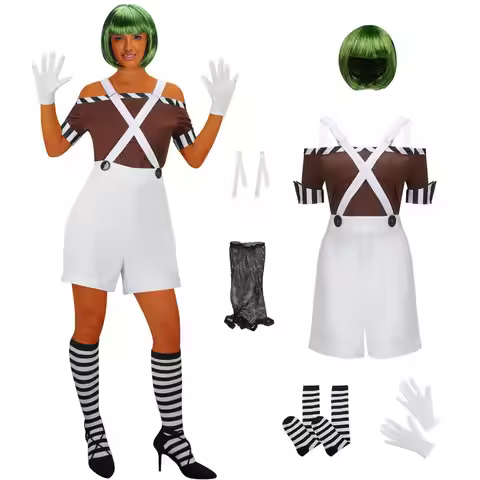 Women's Loompa Worker Cosplay Costume Oompa Groupe Halloween Outfit Wig Movie Chocolate Factory Role