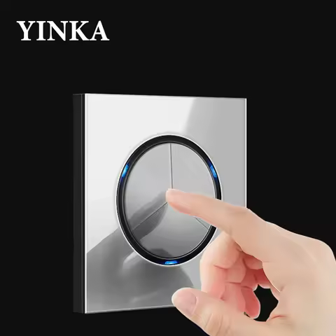 YINKA 1/2/3/4 Gang 1/2 Way Gray Glass Panel Switch and Socket EU Standard Push Button Switch Reverse