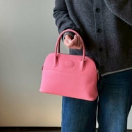 HERMES杜鵑粉Swift皮銀釦Bolide27cm