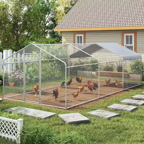 Metal Chicken Coop Walk-in Run Pen with Waterproof Cover Spire Roof Poultry Cage for Outdoor Backyar