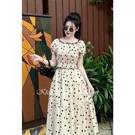 Sét Váy Voan Lụa Chấm Bi Áo Cổ Vuông Ngắn Tay Bo Nhún Kết Hợp Váy Suông Dài TTGB0420