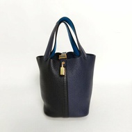 HERMES Picotin18菜籃子黑色拼午夜藍拼弗羅裏達藍TC皮Y刻肩背包