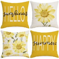 Linen Cushion Cover Yellow Gray Daisy Flowers "Hello Sunshine" Pattern Pillow Case 40x40/45x45/50x50