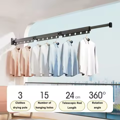 Suction/Drill Wall Mount Folding Clothes Drying Rack With Retractable Suction Cup Extension Pole Reu
