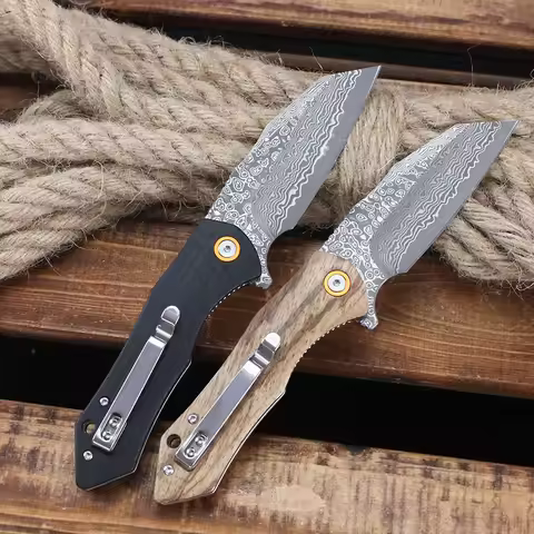 Damascus Folding Knife Carbon Fiber Handle Outdoor Survival Camping Hunting Tanto Knife High Hardnes