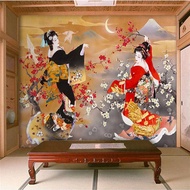Custom Japanese Style Ukiyo-e Geisha Sakura Wall Paper Sushi Restaurant Izakaya Decor Self Adhesive 