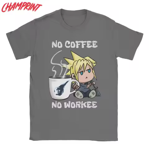 Awesome Chibi Cloud No Coffee No Workee Final Fantasy 7 T-Shirt Men Pure Cotton T Shirt Short Sleeve