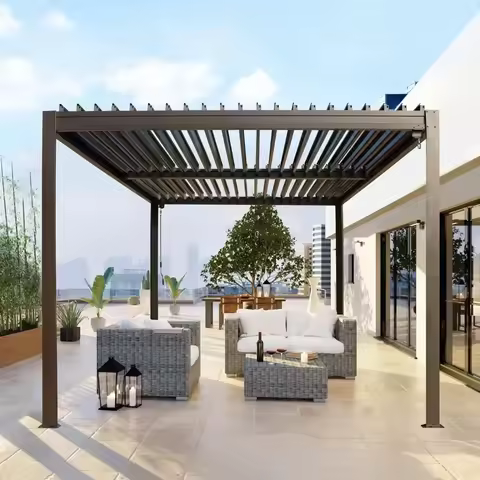 Outdoor Louvered Pergola with Adjustable Steel Roof, Outdoor Aluminum Frame Rainproof Pergola for Ba