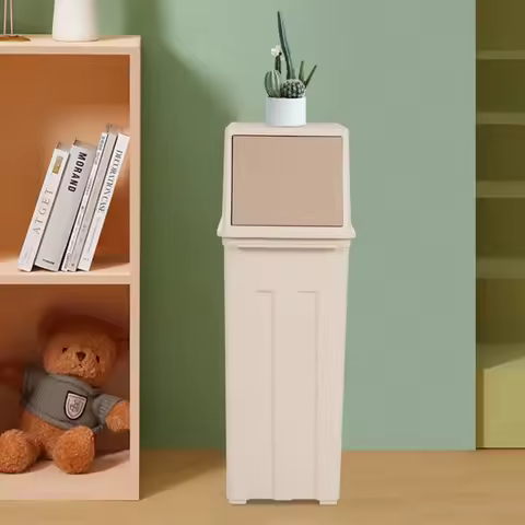 Gallon Trash Can, Khaki Slim Trash Can With Lid, Tall & Narrow Trash Bin