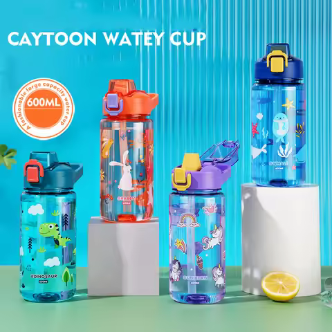 600ML Cartoon Animal Water Bottle Cup with Straw Portable Student Anti-falling Water Bottle Toddlers