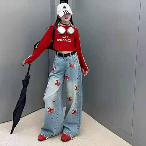 spring Embroidered Western Style youth girls Jeans teenage kids cartoon dog Wide leg pants junior ki