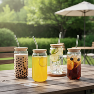 Set of 1pc 500ML water cup, bamboo lid, glass straw, straw brush, high borosilicate drinking cups, c