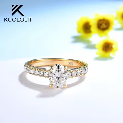 Kuololit Oval Cut Moissanite Engagement Ring for Women Solid 10K 14K Yellow Gold Solitaire Ring for 