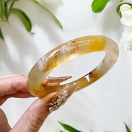 櫻花瑪瑙手鐲 瑪瑙手鐲高級黃金底焦糖蜂蜜色水中成形花52/53圈口