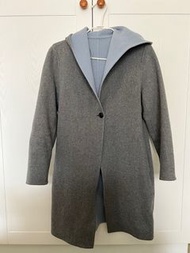 Uniqlo 羊毛大衣 長版連帽外套 灰色 水藍色拼色