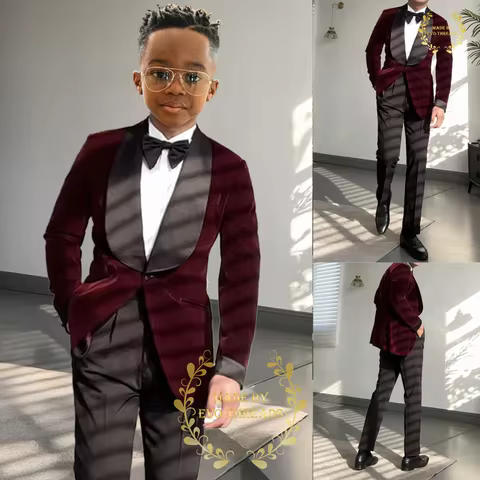 Burgundy Boy's Velvet Suit 2pcs Set Black Shawl Lapel Jacket Pants wiz Bow Tie Wedding Prom Teenager