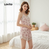 Lovito Set Piyama Renda Korea Sutra Ais 2 Helai Selesa di Rumah untuk Wanita LNE113153