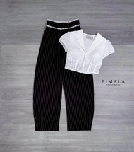 Pimala เซ็ทเสื้อครอปแขนสั้นมาแนวสวยแพงลูกไม้ไฮโซดีเทลคอปกวีเชฟ