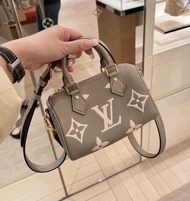 LV LOUIS VUITTON Nano Speedy Bag Tourterelle Gray / Cream Monogram Empreint Mini 大象灰 小廢包 可拆卸肩帶 牛皮 單肩