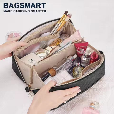 BAGSMART Travel Makeup Bag Cosmetic Bag for Women PU leather Portable Water-resistent Pouch Make Up 