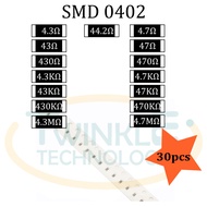 Resistor SMD 0402 44.2ohm,4.3ohm,4.7ohm,43ohm,47ohm,4.3Kohm, 43Kohm,47Kohm,430Kohm,470Kohm 5% 30 pcs