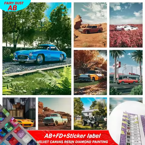 DIY AB FD Resin Square Diamond Painting With Stickers Kits Vintage Car Chevrolet Apache Mercedes Ben