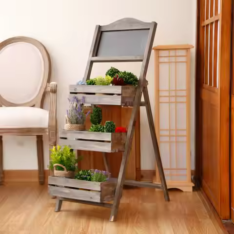 Folding Ladder 3 Tier Plant Stand Garden Flower Pot Holder Shelf with Chalkboard A-Frame Sidewalk Me
