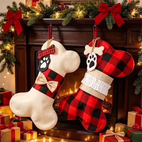 Cartoon Christmas Stocking Sock Pendant Bone Shaped 3D Dog Bone Stocking Hanging Ornament Reusable D