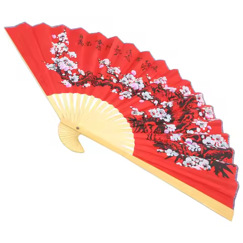 Large 0.5x0.9m Red Silk Plum Blossom Fan Elegant Decorative Wall Hanging Oversized Chinese Style Fol