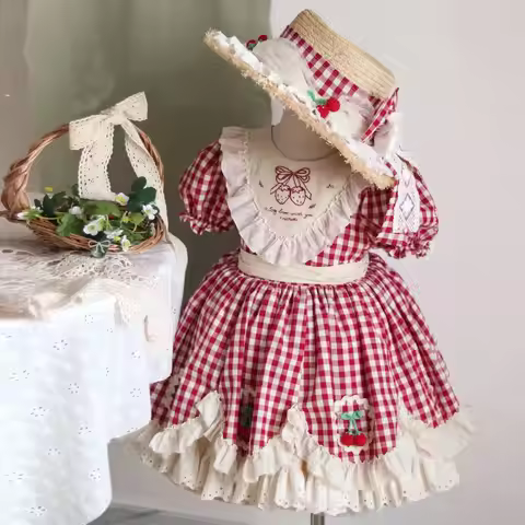 Summer Girls Korea Birthday Lace Red Cute Plaid Wedding Ball Gown Bow Party Dress Princess Floral Ba