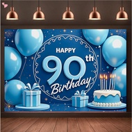 Happy 90th Birthday Decorations,90th Blue Balloon Large Birthday Banner Backdrop Sign,Cheers to Nine