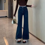 復古藍色闊腳喇叭牛仔褲女裝高腰修身顯瘦微喇叭褲- 藍色 S