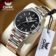 OPK นาฬิกาผู้ชาย กันน้ำ 100% ส่องสว่าง ปฏิทิน หนัง/สายสแตนเลส สไตล์ธุรกิจ นาฬิกาควอตซ์ เรียบง่ายและมีสไตล์ ขั้นสูง นาฬิกาข้อมือ