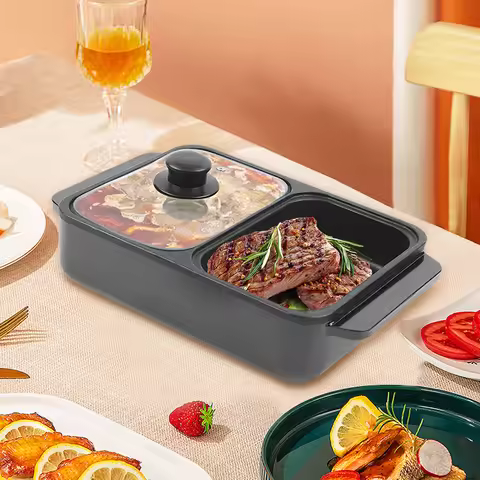 Electric Hot Pot and Frying Pan, Shabu Shabu Pot with Grill 2 in 1 NonStick Shabu Shabu Pot and Grid