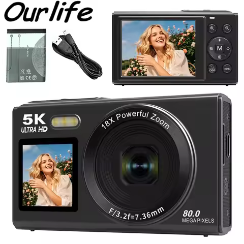 Ourlife Digital Camera 5K 80MP 18X Digital Zoom Dual IPS Screen Compact Camera WIFI Vintage Vlog Vid