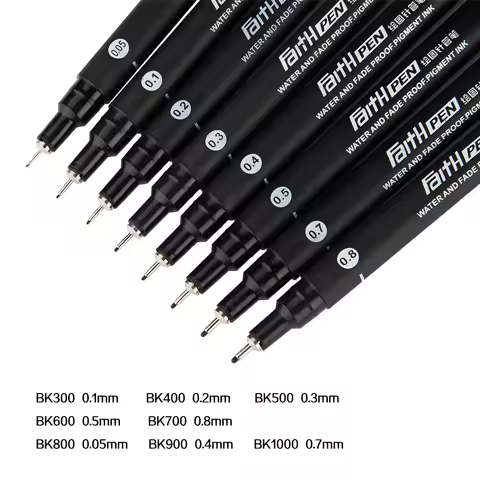 1-Piece Needle Pen Water and Fade Proof Pigment Ink 0.05 0.1 0.2 0.3 0.4 0.5 0.7 0.8 Black Fineliner