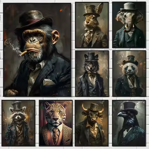Vintage Gentleman Animals Wearing Clothes Chimp Tiger Bunny Portrait Poster Canvas Painting Wall Art