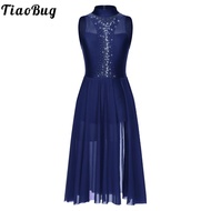 Womens Rhinestone Figure Ice Skating Dress Sleeveless Sheer Mesh Ballet Leotard Contemporary Lyrical