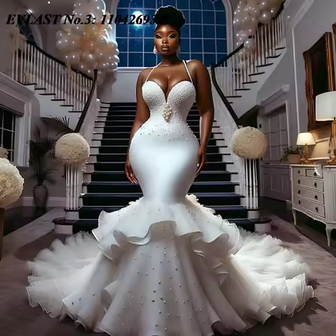 EVLAST Customized Glitter Mermaid Wedding Dress African Pearls Beaded Tulle Applique Tiered Bridal G