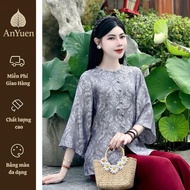 ANYUEN Blue Silk Suit - Nha Xa Silk French Dress with delicate stone embellished collar S38