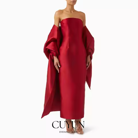 CUYUN Customized Red Formal Evening Gown with Shawl Strapless Ankle-Length Wedding Guest Gown Dinner